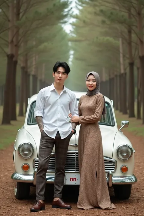 Outdoor photo shoot in a quiet forest. A classic white vintage car with a prominent front grille, circular headlights and chrome accents is parked on dry leaves under a canopy of tall trees. The car features a subtle "NN" decal on the front. Beside him, a ...