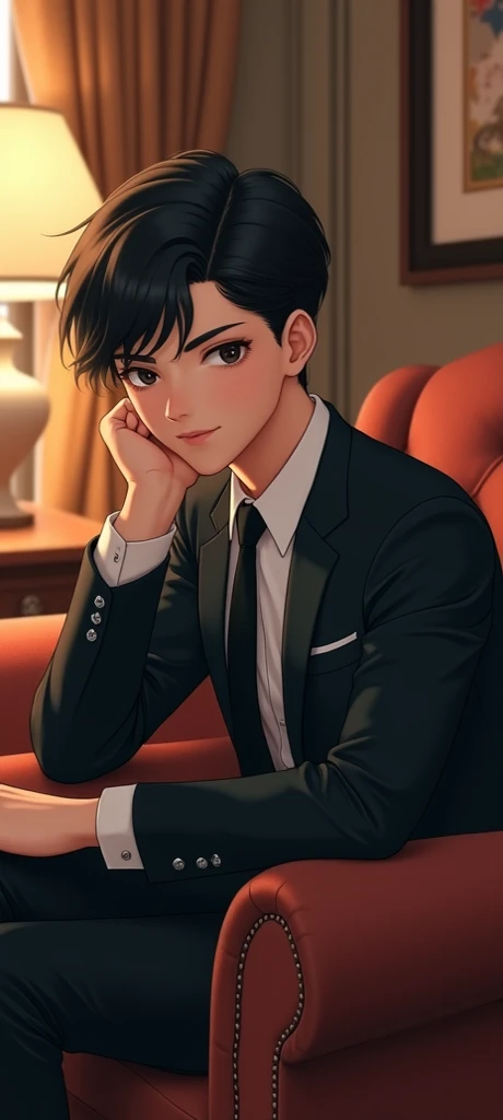 Cute, tall, short black haired teen boy in a suit sitting on the sofa looking at me