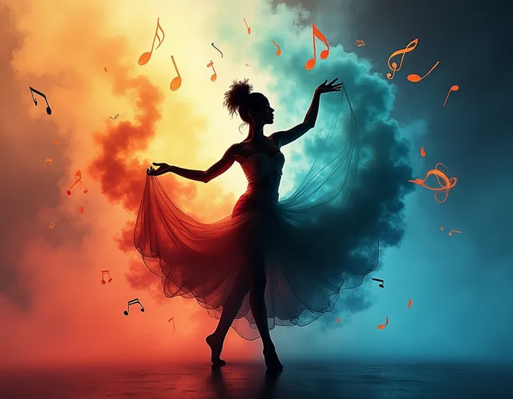 Show me a silhouette of a modern jazz dancer dressed in bright smoke with musical symbols in the background 