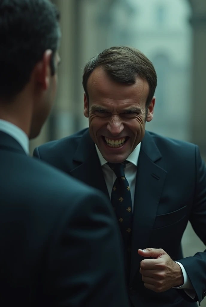 Macron with an evil smile looking at Michel Barnier from afar 