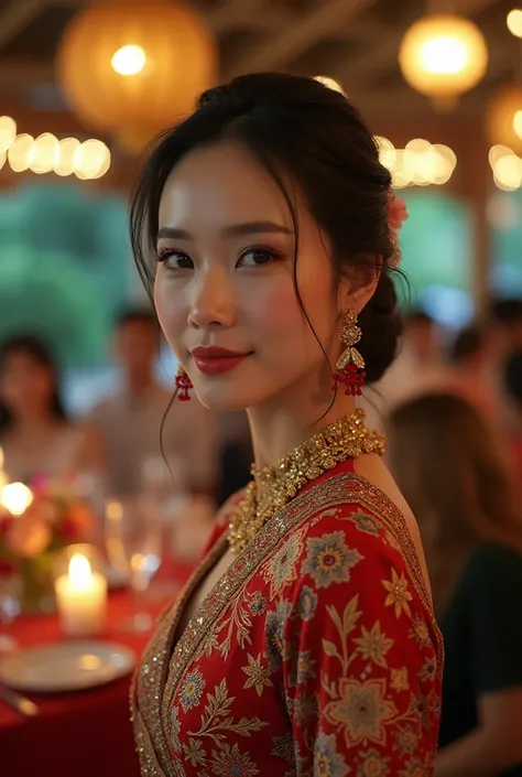  Beautiful Indonesian woman with low hairbun wearing typical kebaya java dress facing forward, wedding reception location 