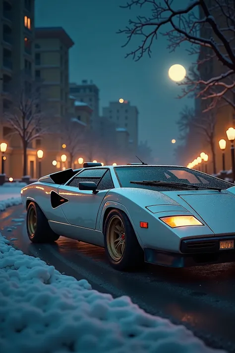 A captivating cinematic photoshoot featuring a pristine Lamborghini Countach LP400, exuding a luxurious and powerful presence. The glossy white body gleams in the winter moonlight, creating a striking contrast with the rich savannah-colored interior. Metic...