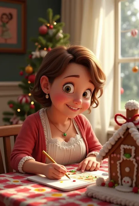 Disney pixar themed White, little obesity, breastfull woman with light brown short hair and beautyfull big eyelushes, she is sitting next to the table full of christmas crafts. She is makeing postcards, she is very peacefull and nice. Big beautyfull smile....