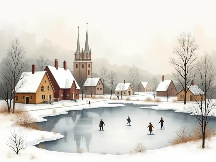 A tranquil winter village scene in a cohesive and seamless watercolor style, viewed from a slightly distant perspective. The image features snow-covered houses with chimneys, a steepled church in the background, and a wide frozen pond in the foreground whe...