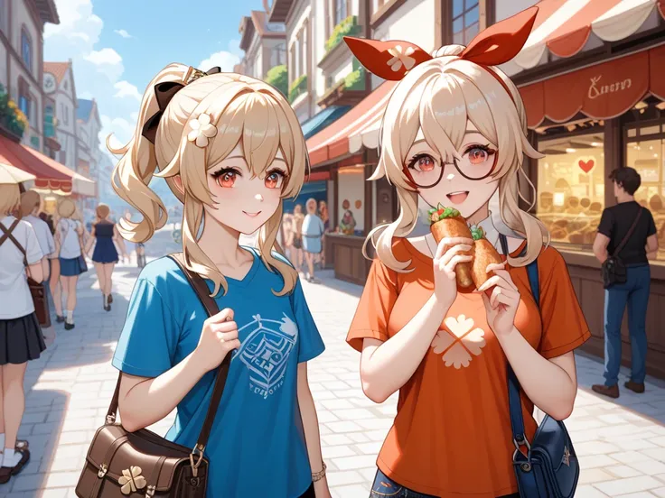 2girls, Klee (Genshin Impact), Jean (Genshin Impact), In the heart of a bustling market street, the woman stands against a vivid array of street vendors and food stalls, her confident yet approachable pose radiating warmth and experience. The late morning ...