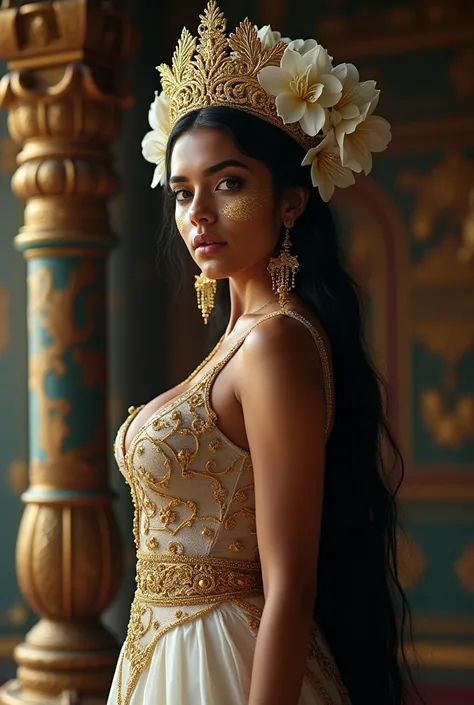 Detailed image/Indonesian Javanese queen woman with a full body, moist skin with a few fish scales, blue eyes, gold painted face, wearing a Javanese wedding dress with a crown and white jasmine flowers arranged beautifully on the crown, beautiful in a gree...