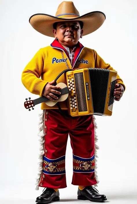 A Vallenato outfit with a turn-down hat and yellow sweater on the front with a name that says Peniche on the sweater box guacharaca and accordion looking from the front