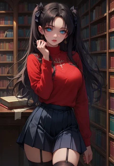 score_9, score_8_up,score_7_up, source_anime, 1girl, solo, beautiful waifu, thicc, mature woman, EPfsnRin, long hair, black hair, two side up, twin-tails, blue eyes, detailed eyes, detailed face, flirt, seductive, standing, (red sweater, long sleeves, skir...