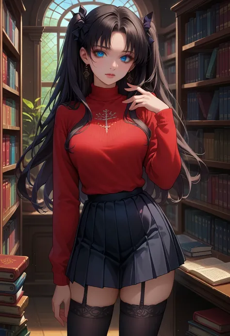 score_9, score_8_up,score_7_up, source_anime, 1girl, solo, beautiful waifu, thicc, mature woman, EPfsnRin, long hair, black hair, two side up, twin-tails, blue eyes, detailed eyes, detailed face, flirt, seductive, standing, (red sweater, long sleeves, skir...