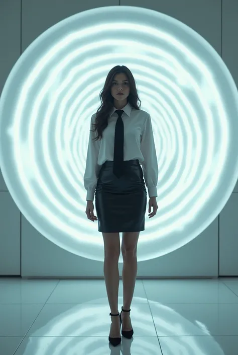 (latex office woman) looking at (brainwashing glowing spiral screen), (white office blouse with covered nipples and latex pencil skirt:1), (@_@), (Brainwashing), (Mind Control), (Mind control screen), black tie, Mind Control, Hypnosis, brainwashing machine...