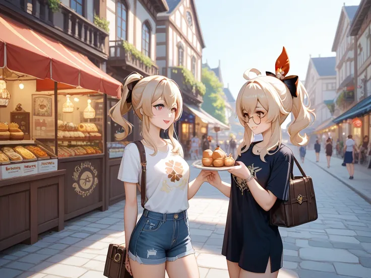 2girls, Klee (Genshin Impact), Jean (Genshin Impact), In the heart of a bustling market street, the woman stands against a vivid array of street vendors and food stalls, her confident yet approachable pose radiating warmth and experience. The late morning ...