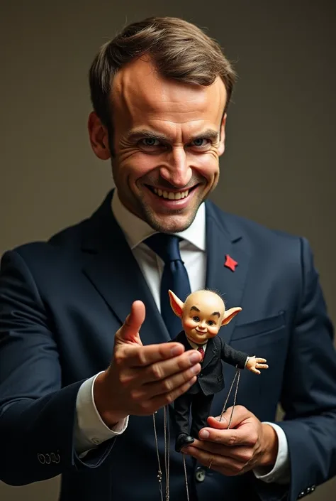 Macron avec un sourire malicieux qui tient une marionnette avec une apparence de manipulateur