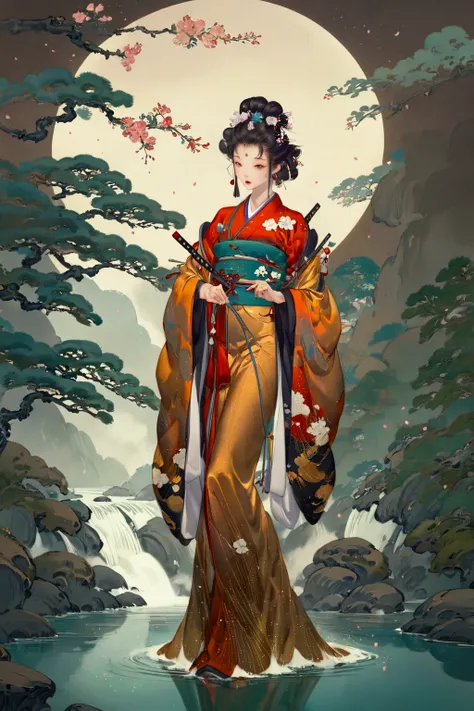  top quality,   masterpiece on penis ,  high definition , 8k, Picture of a woman wearing a kimono standing on a river, Japanese art style, Japanese art,   beautiful digital artwork  , elegant  comet , Japanese art art, Japanese style,  Japanese goddesses, ...