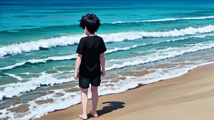 one boy, back view, zoom out, he wear black shirt, sand beach.