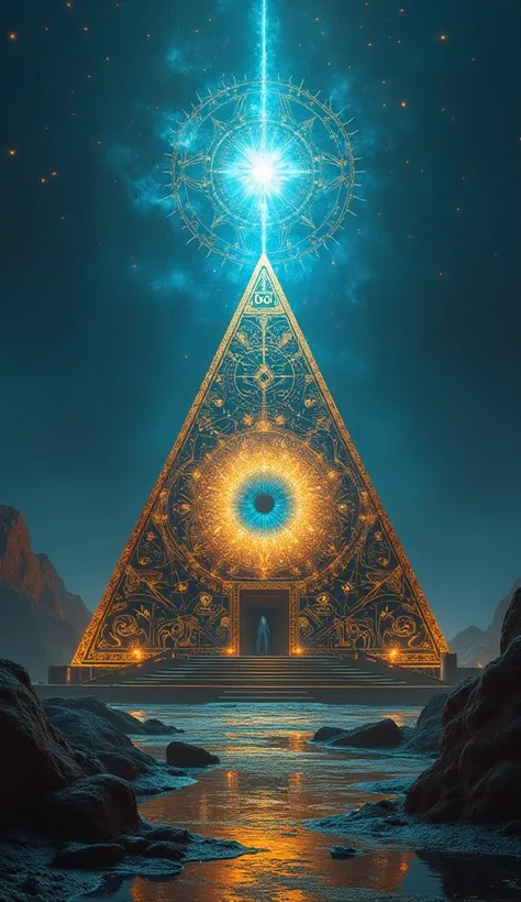 A vivid representation of an all-seeing eye within a glowing pyramid, symbolizing mystery, enlightenment, and the pursuit of knowledge.