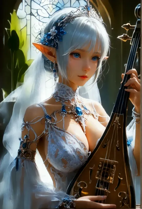 (8k, top quality, Masterpiece , Final Fantasy Style: 1.2),Atmospheric perspective, 8K, Very detailed, Accurate, Highest quality, masterpiece, Very detailed,Sharp focus, High resolution, fullbody shot of a singing female bard elf, playing a harp, (fullbody:...