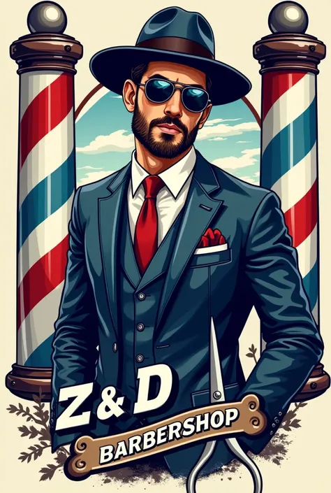 Best quality, masterpiece, ultra high res, Logo Barbershop Wall Design, Color Zip Line Lamp Red Blue White, Text Z&D BARBERSHOP, Barber Pole, Scissors, Stylish Man