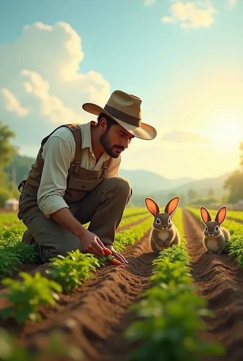 In the morning a farmer trying to grow his carrot in his field and in the field some rabbits 
