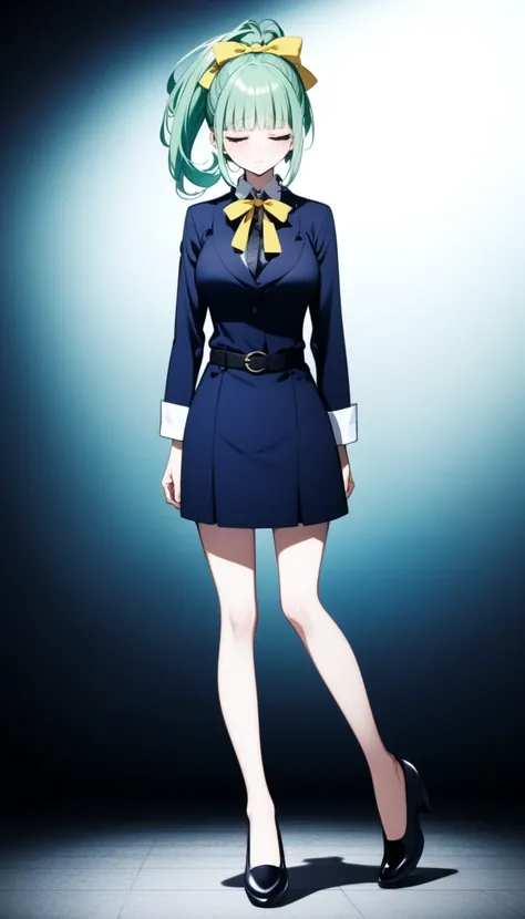 Misuke Iijima、。1 Girl、solo、OL,woman、 green hair、 shorthair、 ponytail、 yellow ribbon 、Hair Bows、 sad face、 full body style that reflects your whole body、 normal breasts、 narrow waist 、Bare legs、Standing beautifully、 in a suit、 navy blue jacket ,襟付き shirt, s...