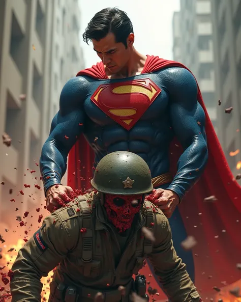 superman has asian thai face.guy who wearing superman suit look at camera. superman ripping the soldier.the soldier body tear half bloody. superman crush soilder head bloody. not have one can fight superman.  