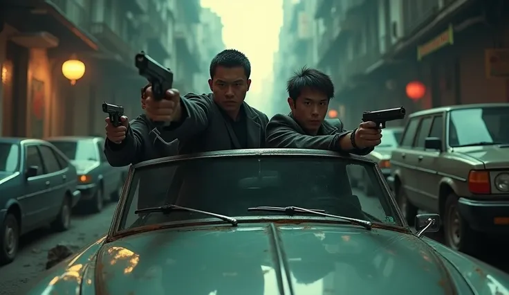 A group of Chinese gangsters sat in a car holding guns and drove through an alley with fields on both sides and many cars.