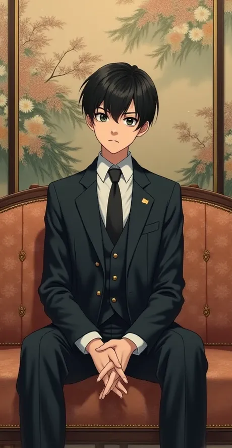 Cute handsome tall black short hair teen boy in a suit sitting on the sofa looking at me abstractly, Ukiyo-e paintings, 