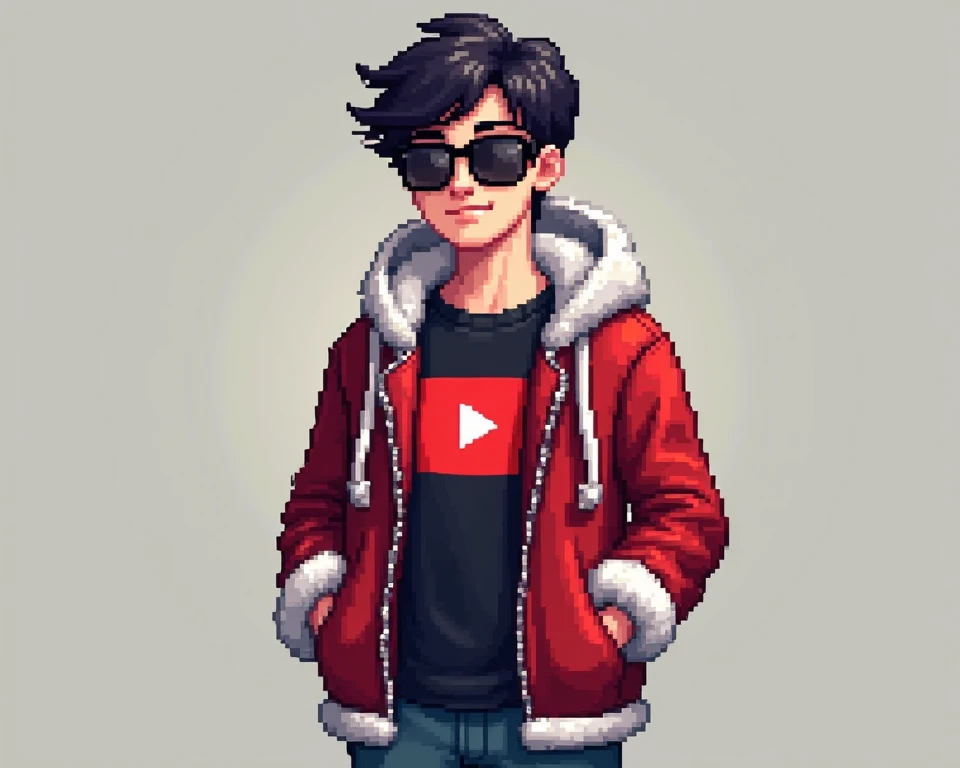 a young 16 man with dark hair ,  dressed in black sunglasses . He is wearing a Christmas jacket with a hood ,  under which a black T-shirt with the YouTube logo  ( is a red rectangle with a white triangle inside). He also wears blue jeans .  The characters...