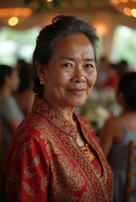 Wanita cantik indonesia usia 70 tahun, low hairbun wears typical Kebaya Javanese clothing facing forward, wedding reception location 