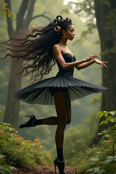 a very beautiful ballet dancer stuffed with dark tea with long black hair and with curlers who is dancing in nature very realistic  