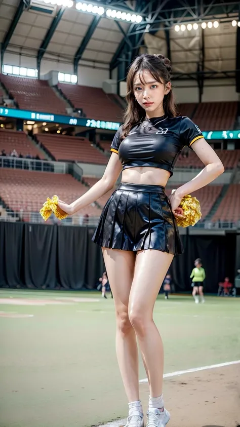 A beautiful young Japanese woman, 20 years old, with perfect anatomy, healthy thighs, beautiful feet, flawless skin, random hair color and style, large bust, (she is standing:1.2), wearing a cheerleader uniform with micro-pleated miniskirt, in a full body ...