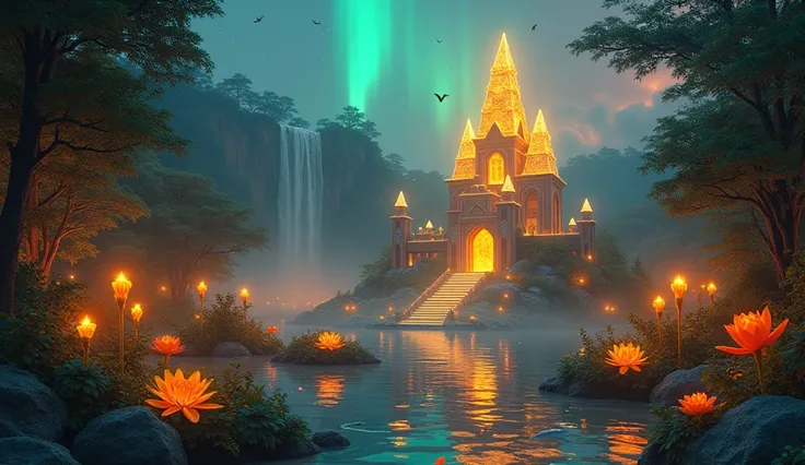  Fantasy temple with peaked towers made of light crystal , The temple has 3 small balls of beautiful yellow light in the upper part,  at night,  3 yellow roses ,  at night,  7 orange water lilies fluorescent above the water ,  at night,  7 large candles of...