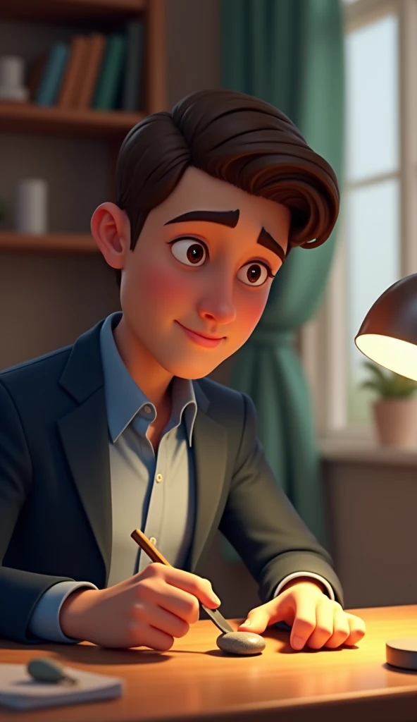 Create a Disney Pixar style medium shot of the young man with neatly combed brown hair, wearing a light blue shirt and dark blazer, sitting at a desk in his living room. He is carving a small rock with a chisel, looking focused and satisfied. He is placed ...