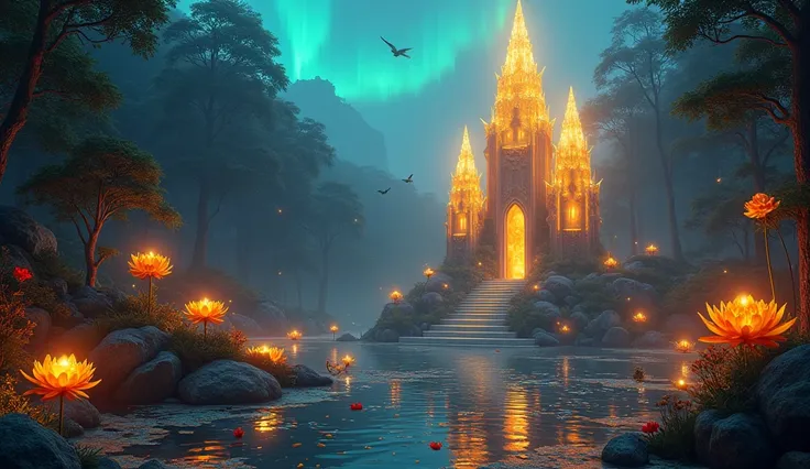  Fantasy temple with peaked towers made of light crystal , The temple has 3 small balls of beautiful yellow light in the upper part,  at night,  3 yellow roses ,  at night,  7 orange water lilies fluorescent above the water ,  at night,  7 large candles of...