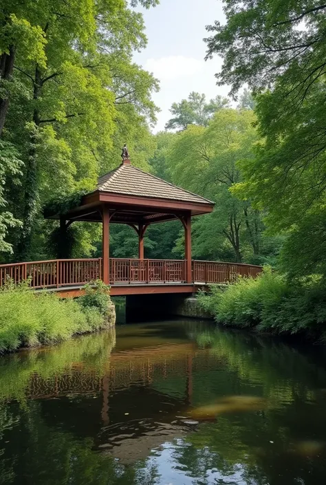 wizualizacja parku z punktu widzenia człowieka idącego chodnikiem z płyt chodnikowych,  to the right is a gazebo with a flat ,  triangular roof overgrown with ivy ,  a cherry-colored footbridge stretches over the park, the forest in the park is oaks , buki...