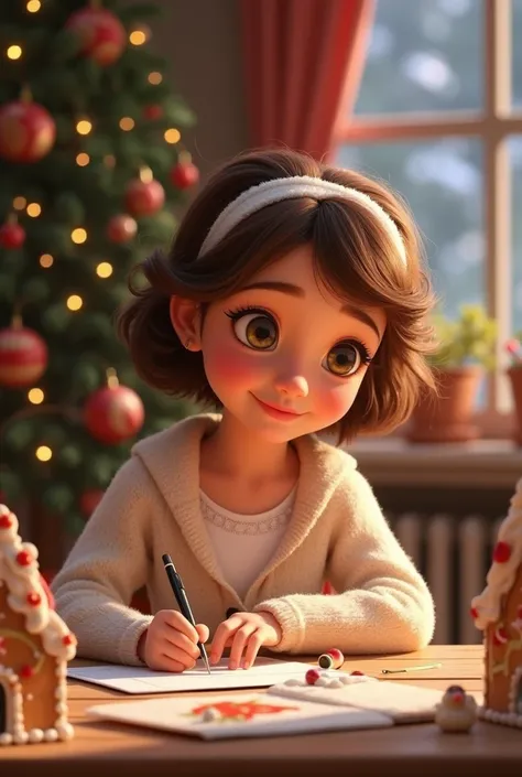 Disney pixar themed White, little obesity, breastfull woman with light brown short hair on headband and beautyfull very big eyelashes, she is sitting next to the table full of christmas crafts. She is makeing postcards, she is very peacefull and nice. Big ...