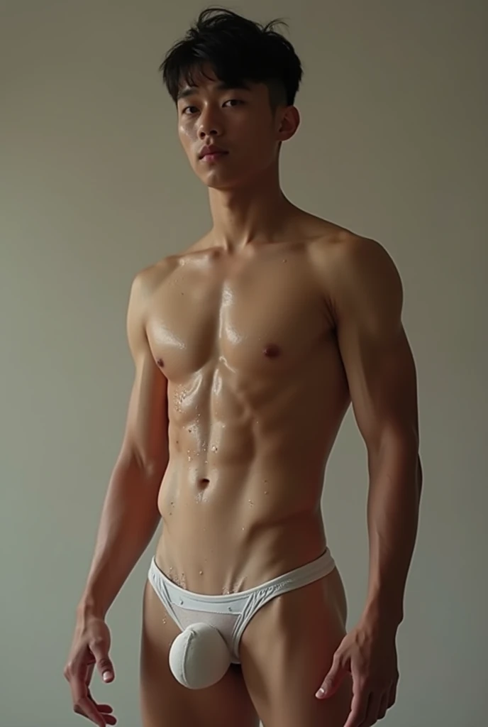 Young Teen Male South East Asian, nice body type, naked, thin male thong semi transparent, very Sweaty body, bubblebutt