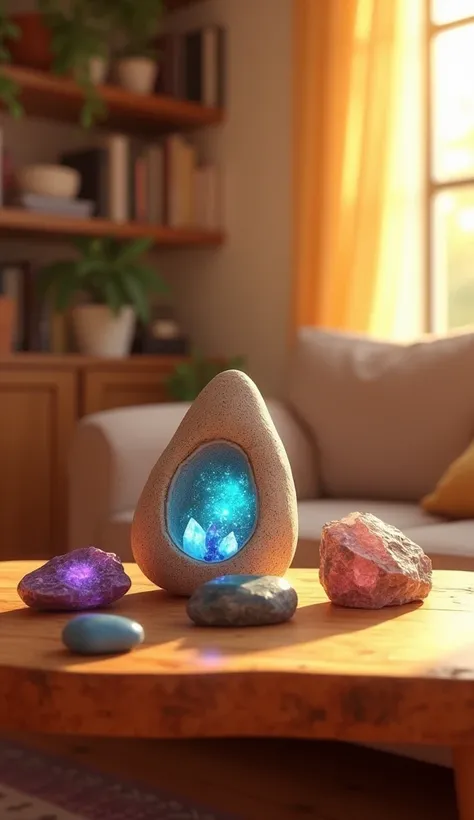 Create a Disney Pixar style wide shot of a collection of rocks placed on a wooden shelf in a bright, cozy living room. One rock in the center is cut open, revealing sparkling crystals inside. The rocks are placed in the middle of the frame, with warm sunli...