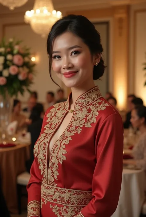 Wanita cantik indonesia usia 40 tahun, low hairbun wears typical Kebaya Javanese clothing facing forward, wedding reception location 