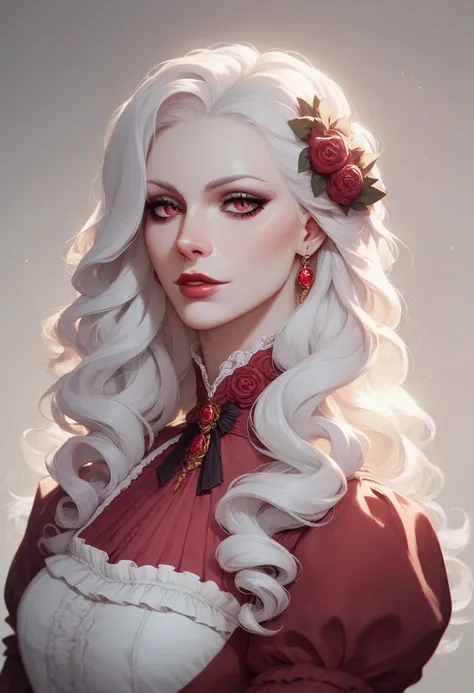 Highly detailed beautiful Victorian woman with pale skin and white hair, gothic vibes, hair covering her left eye, right view, wearing a red Victorian gown slit on the right side showing her thigh 