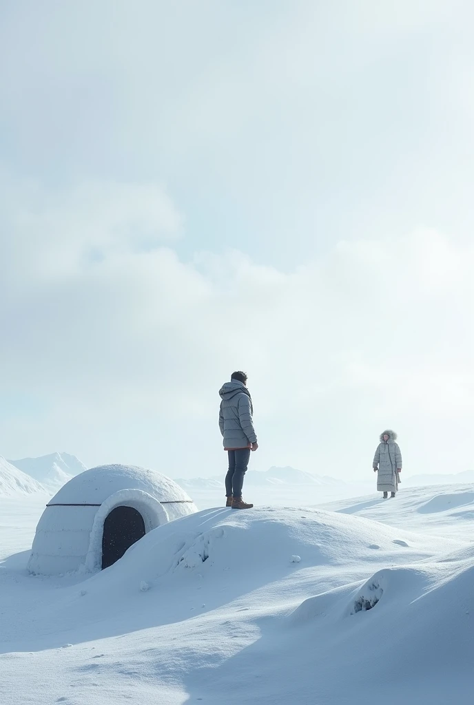 Adam stands on a snowy hilltop .  In front of him a snowy landscape an igloo and an Eskimo
