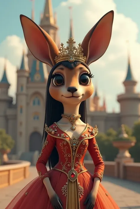 A anthropomorphic kangaroo dressed as a princess. black hair . palace in the background.