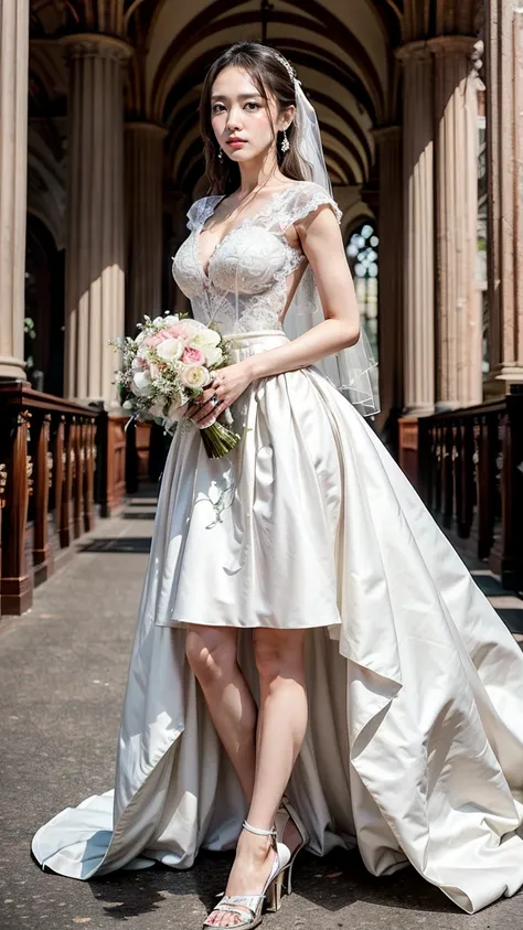 A beautiful young Japanese woman, 26 years old, with healthy thighs, beautiful legs, flawless skin, random hair color and style, large breasts, wearing a (wedding dress:1.3), (she is standing:1.2), full body shot, high heels, holding a bouquet in her hands...