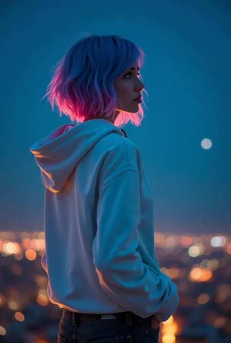 beautiful croatian woman with asymmetrical gradient blue and pink hair and green eyes, wearing white addidas hoodie and torn black jeans, looking at the night star sky on top of the building, back shot, full body picture, epic character composition, sharp ...