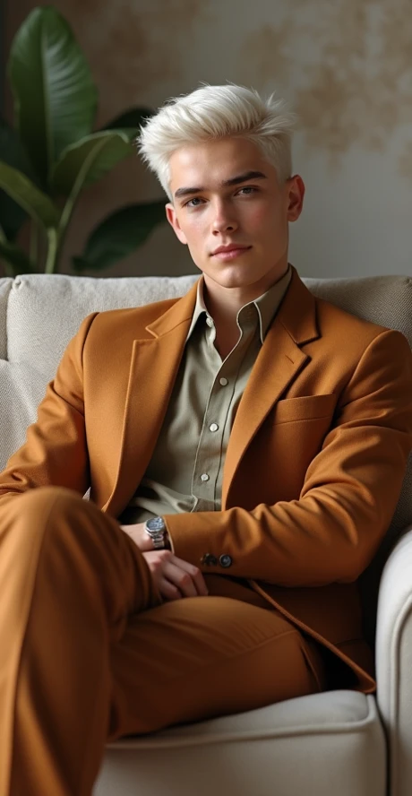 Teen boy cute handsome tall white short hair bronze in suit sitting on sofa abstraction,  look at the audience,  Realistic Texture , smile, 