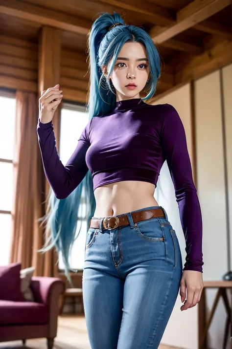 SCHALA, long blue hair, ponytail, purple eyes, long sleeved velvet top, midriff, navel, long jeans, belt, jewels, standing, rubbing stomach, relaxed, royal living room