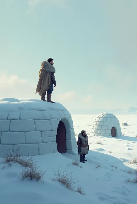 Adam stands on a snowy hilltop .  In front of him a snowy landscape an igloo and an Eskimo.  they are in old clothes, in fur 
