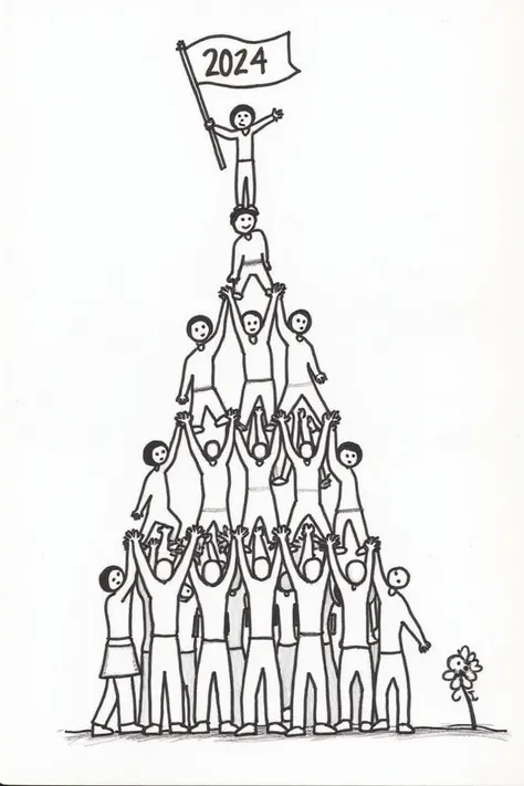 The Human Pyramid

Design: Draw a human pyramid where everyone is helping others climb to the top. The person at the peak holds a flag with “2024” written on it.