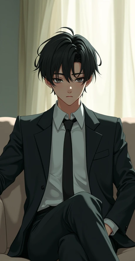 Cute teen boy, tall, short black hair, wearing a suit, sitting on the couch looking at me, abstraction, 