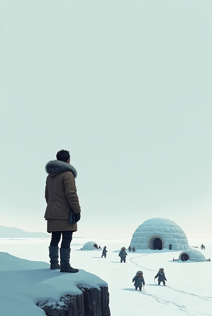 Adam stands on a snowy hilltop .  In front of him a snowy landscape an igloo and an Eskimo.  they are in old clothes, in fur . Adam is far from the Eskimo
