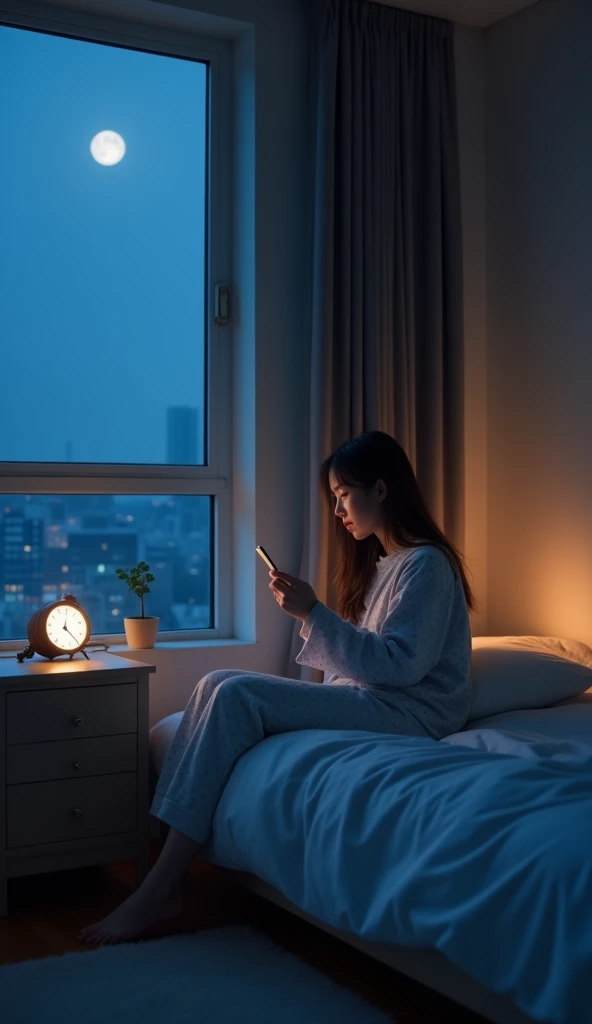  Korean Girl、 Im sitting alone in bed at night in a dim room illuminated by smartphone light。 with long hair fluttering 、Wearing comfortable pajamas、 I have a thoughtful expression while staring at my phone 。 The stage is a minimalistic modern bedroom with...